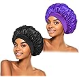 2Pcs Silk Bonnet for Sleeping, Satin Hair Bonnets, Soft Elastic Band Silk Sleep Cap, Hair Wrap for Women(Black Purple)