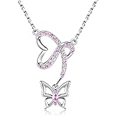 Sterling Silver Breast Cancer Jewelry: Pink Ribbon Butterfly Jewelry Studs Breast Cancer Awareness Earrings Necklace Survivor Gift for Women