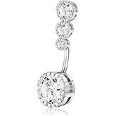 ZELORES 14G Sterling Silver Belly Button Rings For Women Round Heart Cubic Zirconia Belly Rings Clear CZ Navel Rings Piercing