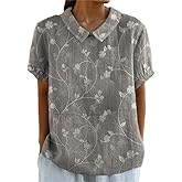Women's Boho Floral Cotton Linen Short Sleeve Shirt Top Summer Dressy Casual Cute Lapel Loose Comfy Blouses