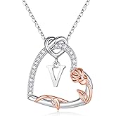 Iefil Rose Heart Necklace Gifts for Her- 925 Sterling Silver Heart Initial Necklaces, Anniversary Birthday Gifts for Women, Jewelry Gift for Wife Girlfriend Mom Daughter Her