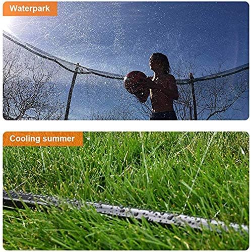 Children playing on a water trampoline with sprinkler hose for added fun.