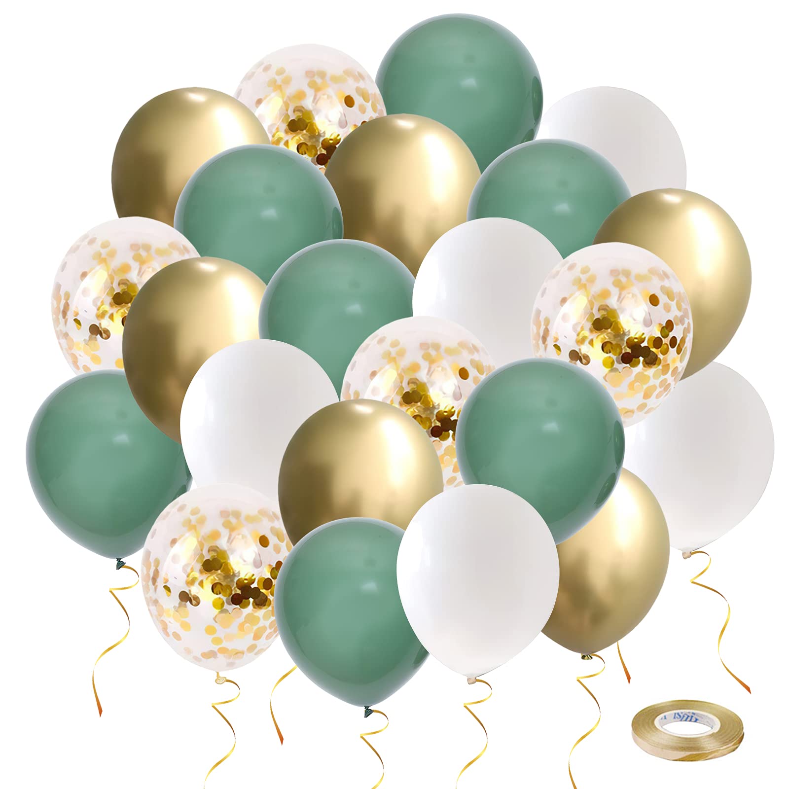 Olive Green and Gold White Party Balloons, UNOEYSAT 50 Pcs 12 Inch Retro Sage Green Gold White Latex Balloons only for Adult Wedding Gratuation Anniversary Decorations