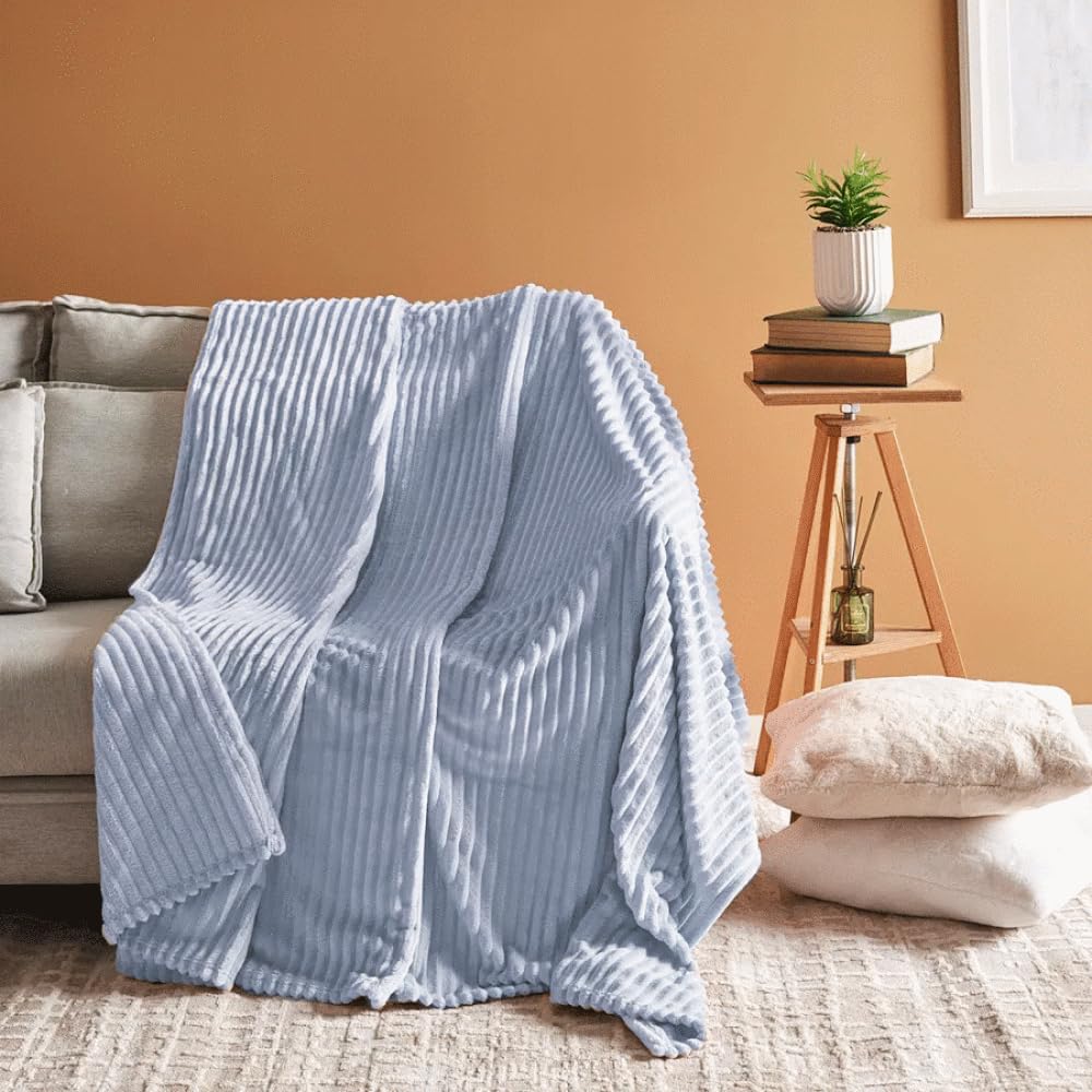 Karaca Ruby Stripe Wellsoft Blanket - 200x220cm, Versatile Soft Warm Blanket Fluffy Throws for Sofa, Double, Blue