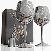 Vaanshie 17oz Stainless Steel Wine Glasses [Set of 2]-Silver Royal Goblets with Intricate Baroque Engravings, Unbreakable and Shatterproof Wine Cups with Bottle Stopper for Travel, Valentines Day Gift