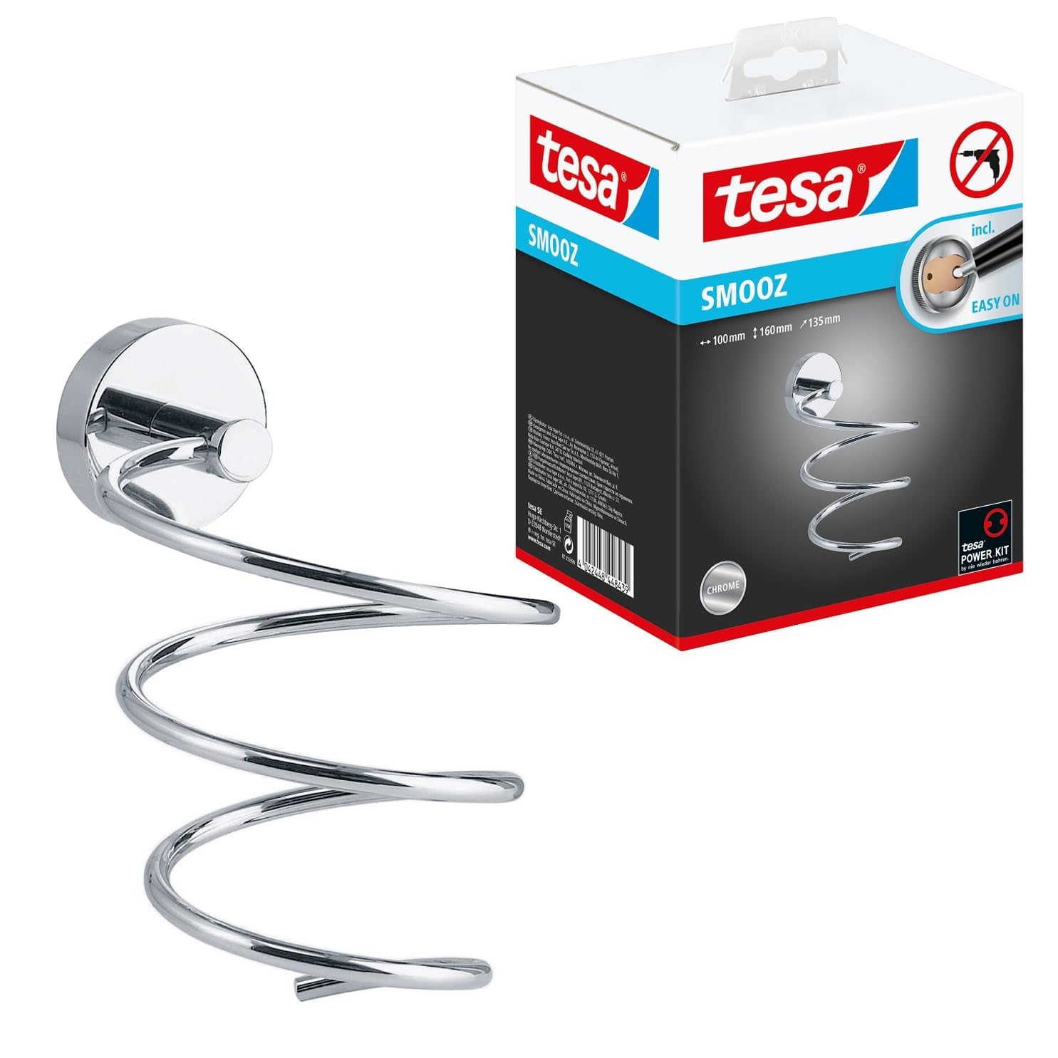 tesa SMOOZ Hair Dryer Holder - No Drill Wall Mounted Chromed Metal Blow Dryer Holder - Stainless - Waterproof - Includes Removable Glue Solution