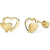 14k REWL Yellow Gold Double Heart Stud Earrings with Screw Back