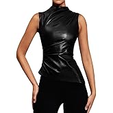 TPQYMX Women's Sexy PU Leather Sleeveless Tank Tops Pleated Slim Fit Mock Neck Asymmetrical Ruched Blouse T Shirt with Zipper
