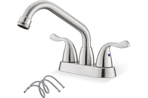 Phiestina Brushed Nickel Utility Sink/Laundry Faucet, 4 Inch Centerest 2 or 3 Hole Rotatable Swivel 360° Spout with Threaded End, with Water Supply Line, BF25-7-BN