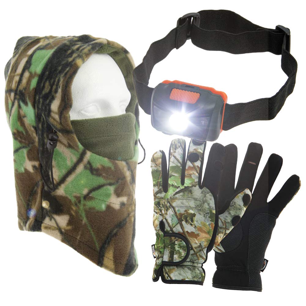 Fishing Neoprene Gloves Folding Fingers + LED Head Torch + Camo Snood Hat Gloves Available in Small Medium Large & Extra Large (Medium Size Gloves)