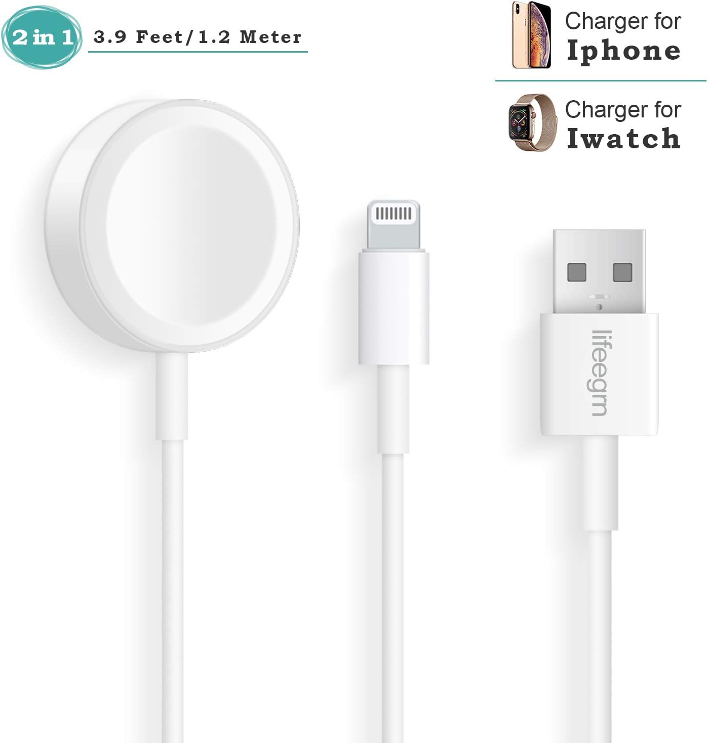 2 in 1 Apple iWatch Charger 3.9ft/1.2m Phone Watch Charging Cable Compatible with for Apple Watch Series 5/4/3/2/1 iOS 6.0& iPhone 11 Pro/XR/XS/XS Max/X/8/8Plus/7/7Plus/6/6Plus/iPad4/iPadAir/Mini