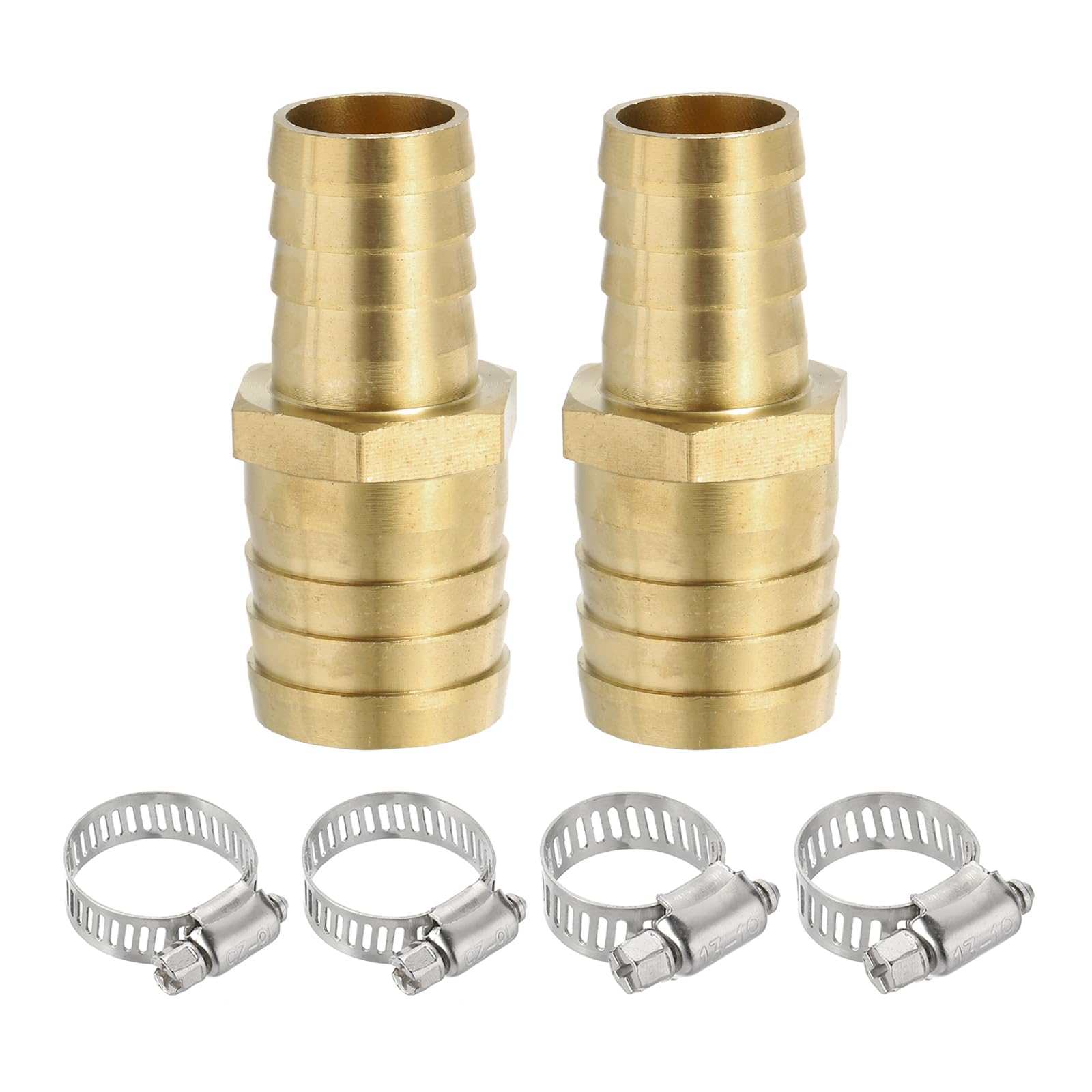 PATIKIL 3/4" to 1" Brass Hose Barb Reducer, 2Pcs Barbed Hose Fittings with 4 Stainless Steel Clamps Reducing Splicer Mender Union Adapter for Air Water Fuel