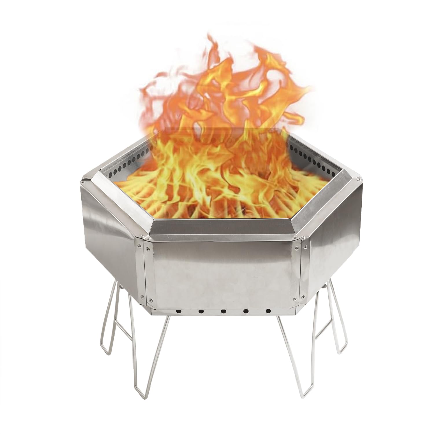 Photo 1 of 15" Portable Stainless Steel Outdoor Fire Pit, Collapsible Hexagon Smokeless Bonfire Wood Burning Fire Pit Fireplace for Camping, Backyard Patio Garden Bon Fire Heater Wood Burning Bowl