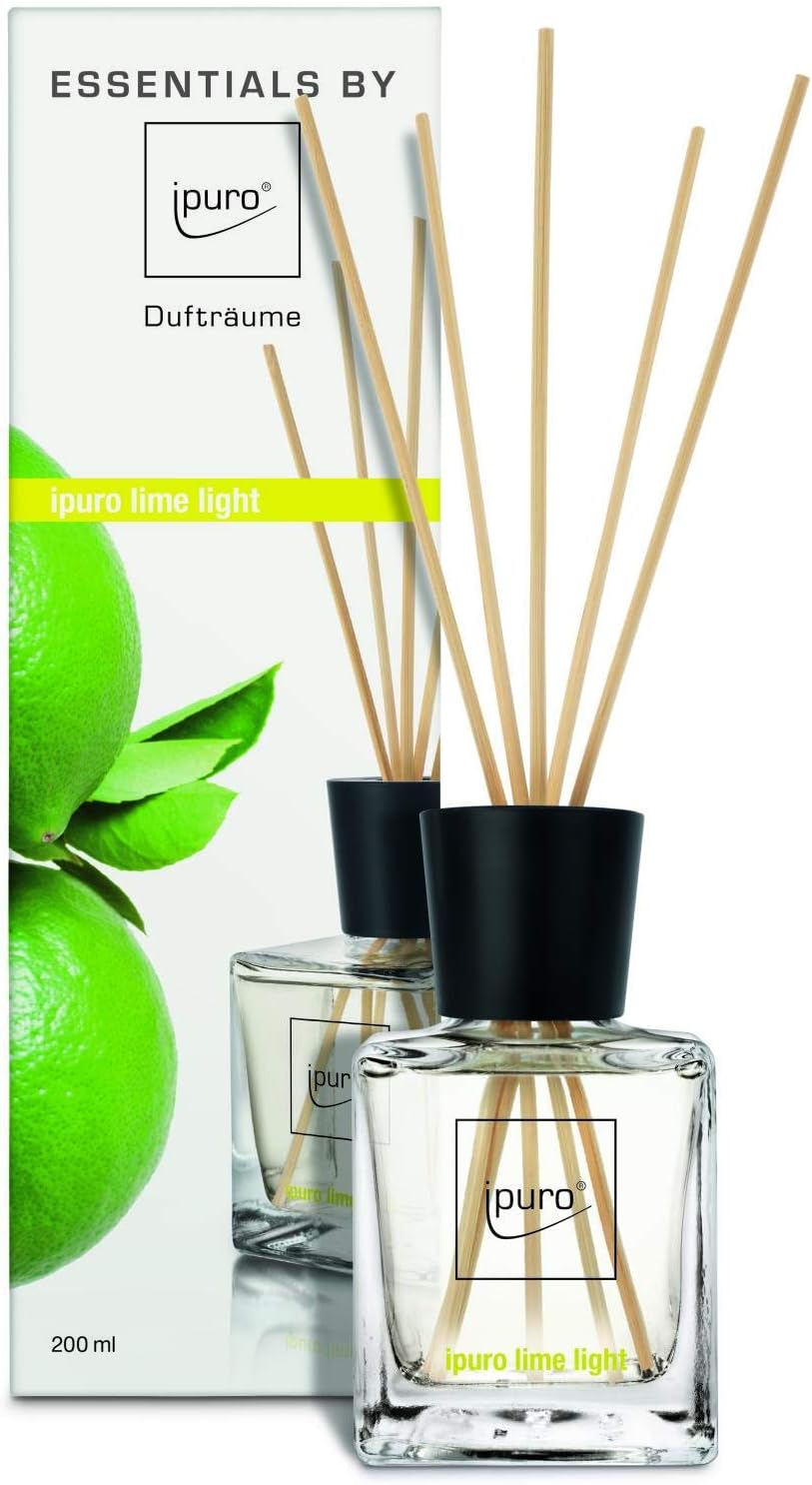 ipuro Essentials Raumduft lime light - Raumduft für gute Laune - Lufterfrischer mit hochwertigen Inhaltsstoffen (200ml) - aus Glas mit Rattanstäbchen