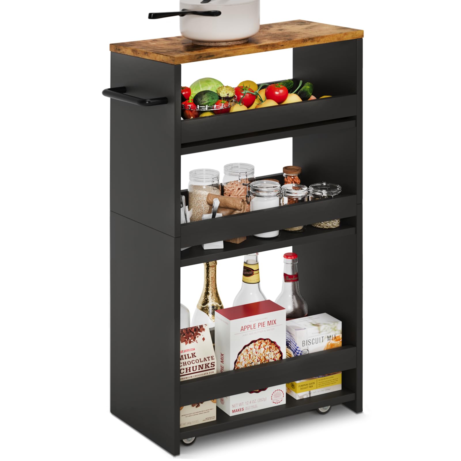 Photo 1 of TEAMIX 4 Tier Slim Storage Cart with Handle, Slide Out Storage Rolling Utility Cart Mobile Shelving Unit Organizer Trolley for Small Spaces Kitchen Laundry Narrow Places (Black+Brown, 7-7/8'' W)