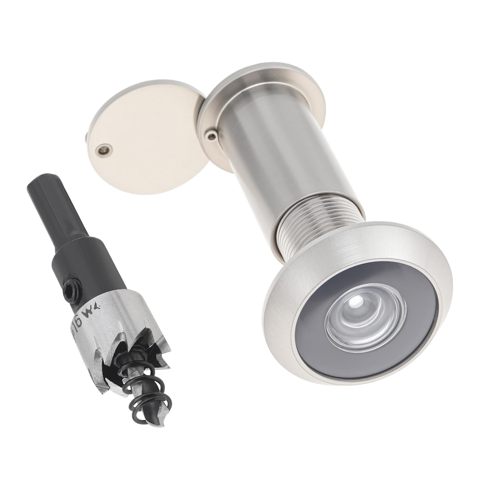 HOJLKLD Door Viewer, 16mm Brass Door Peephole with 16mm (5/8") Drill Bit for 35mm to 60mm (1-3/8" to 2-3/8") Doors, 200 Degree Spy Hole with Privacy Cover (Brushed Nickel)