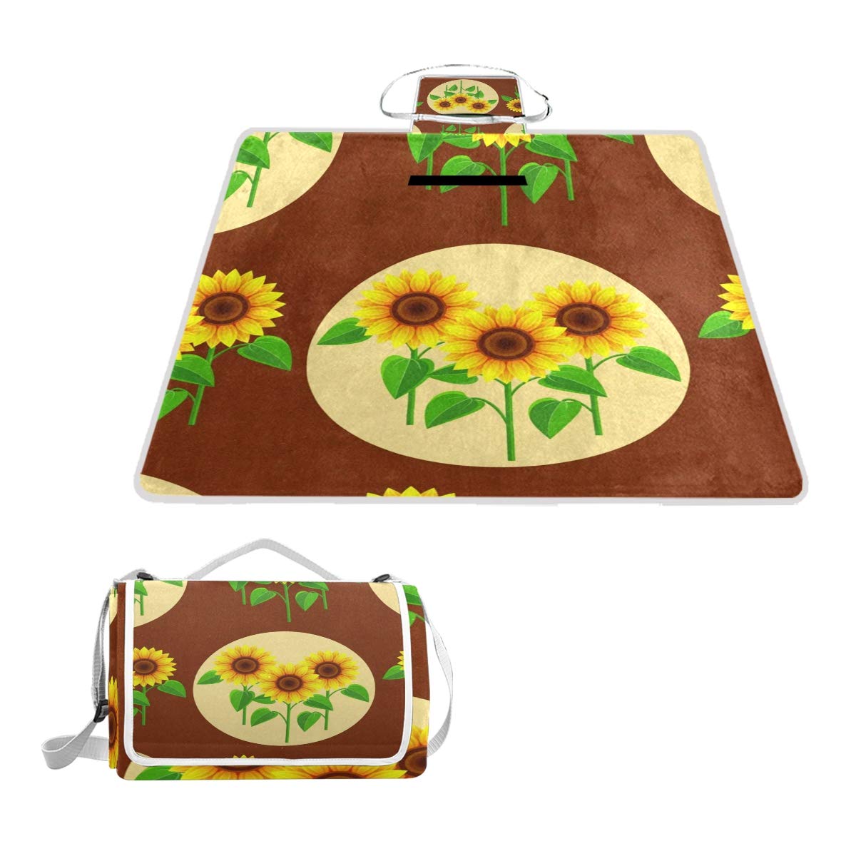 LOIGEIDQ Picnic mat Flowers Sunflowers and Circles Print Waterproof Outdoor Picnic Blanket, Sandproo