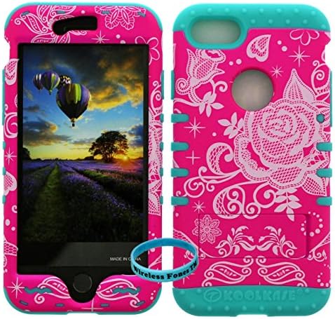 iPhone 7 Plus Case, Hybrid Tough Shockproof Slim Impact Armor Kickstand Pink Flower Cover On Over Skin for iphone 7 Plus -Wireless Fones TM Wristband Included. (iph7plus pinkflower/b.teal)