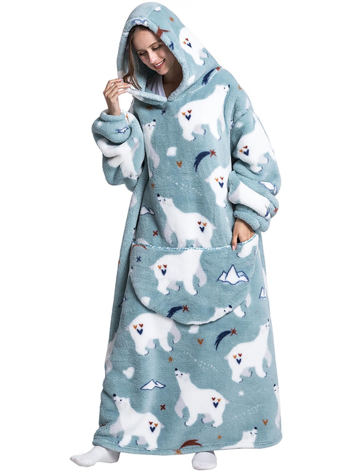 Oversized Blanket Hoodie Adult Hooded Snuggle Blanket Sweatshirt Soft Fleece Thick Warm Comfortable Hoodie with Giant Pocket Extra Long Wearable Blanket Hoodie with Sleeves (Polar bear, One Size)