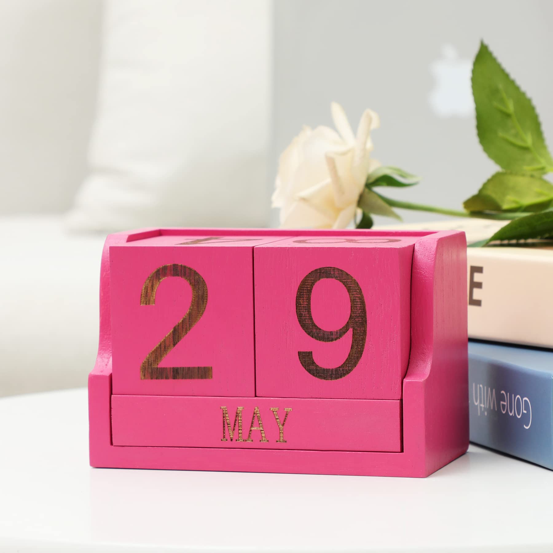 Photo 1 of Block Calendar,Wooden Perpetual Blocks,Small Desk Decor for Office Desktop Vintage Month Date Number Cubes Display Home Chic Rustic Decoration(Hot Pink)
