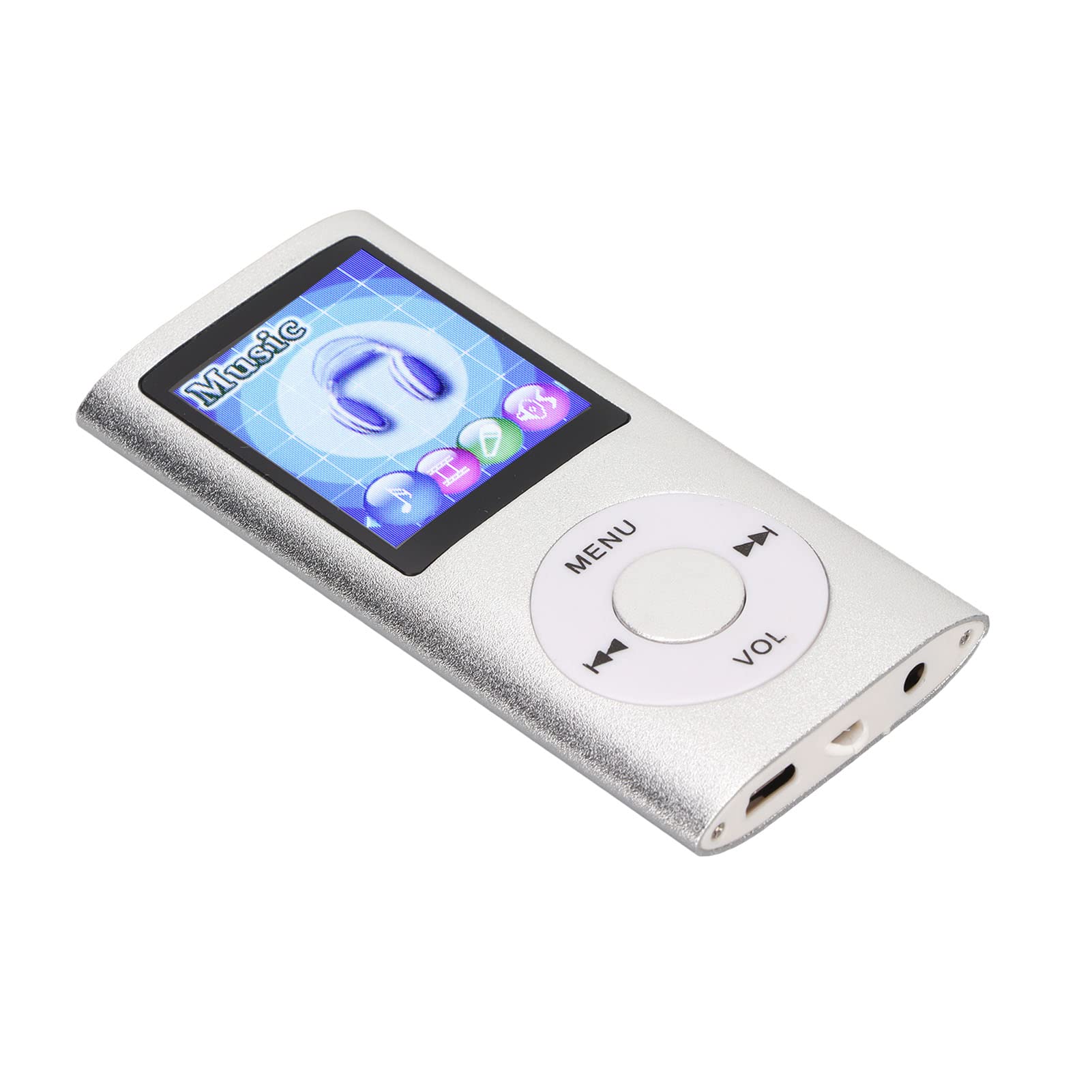 1.8 Inch MP3 Player with Earphone for Kids, 128x96 Color Display Screen Multifunctional Portable MP3 Music Player with USB/3.5mm Port, Memory Card Slot Scalable to 64GB 30 Hours Standby Time(Silver)