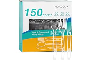 MOACOCK 150 Pcs Clear Plastic Silverware, Heavy Weight Plastic Forks Spoons Knives Disposable Utensils Cutlery Set for Wedding Party Supplies Everyday Use