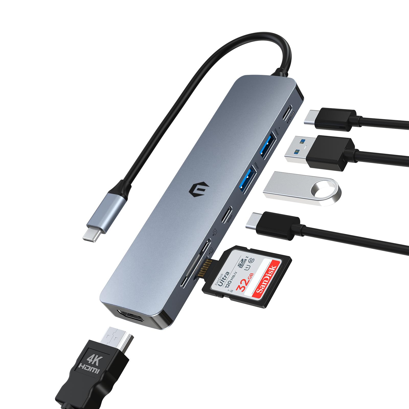 7 in 1 USB C Hub With 4K HDMI, 3.0 Ports, 100W PD, SD/TF Card Reader - Compatible With Type C Devices