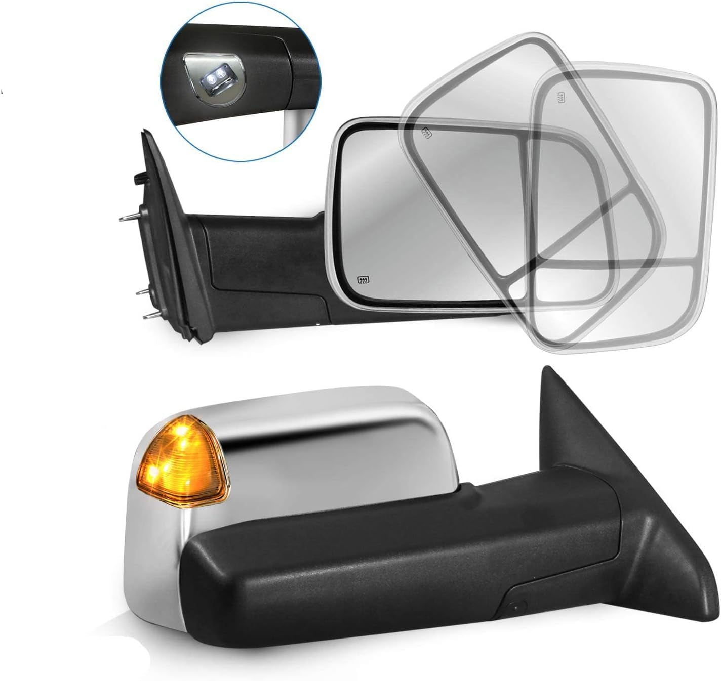 MOSTPLUS Left and Right Mirrors Compatible with 2009-2018 Ram 1500 | Compatible with 2010-2018 Ram 2500/3500 w/Power Heating & Turn Light & Puddle Lights & Temp Sensor Chrome