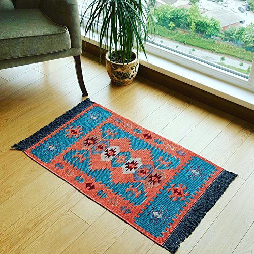 Secret Sea Collection - Modern Bohemian Style Small Area Rug, 2 X 3 feet, Perfect for Kitchen, Hallway, Bathroom, Bedroom, Corridor, Living Room, Office, Washable, (Turquoise-Orange)