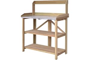 OFFICEJOY Potting Bench, Outdoor Garden Work Station Table w/Galvanized Tabletop, 2 Lower Shelf, 3 Wood Hooks, Plant Flower Pot Workstation Bench Table for Backyard, Balcony, Patio, Yard (Light Oak)