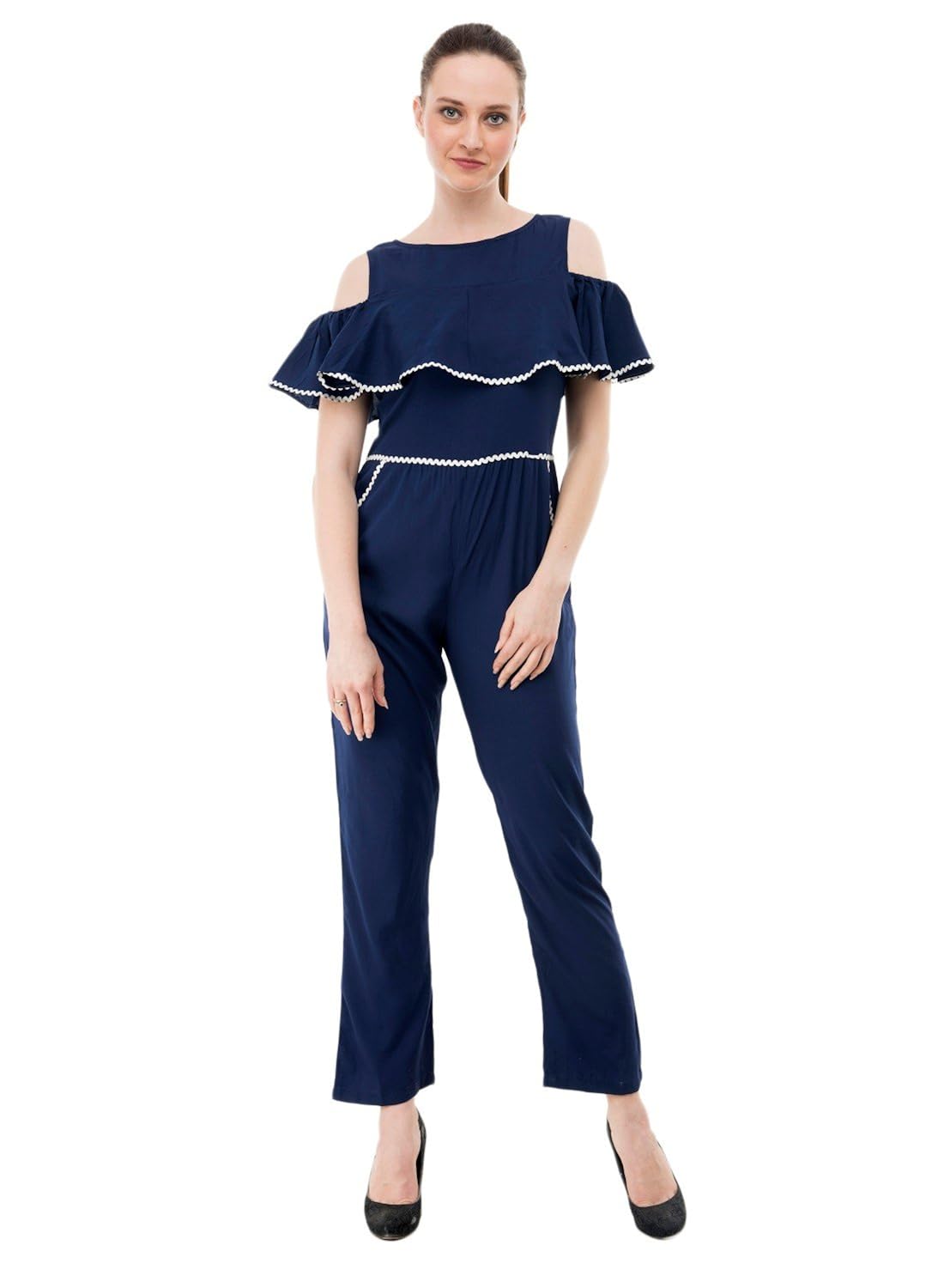 karmic vision women's crepe blue casual jumpsuit