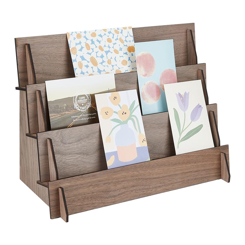 DICOSMETIC 3-Tier Greeting Card Display Stand Brown Wooden Sticker Display Stand Rectangular Earring Display Card Stands Jewelry Organizer Holder for Home Retail Counter Display
