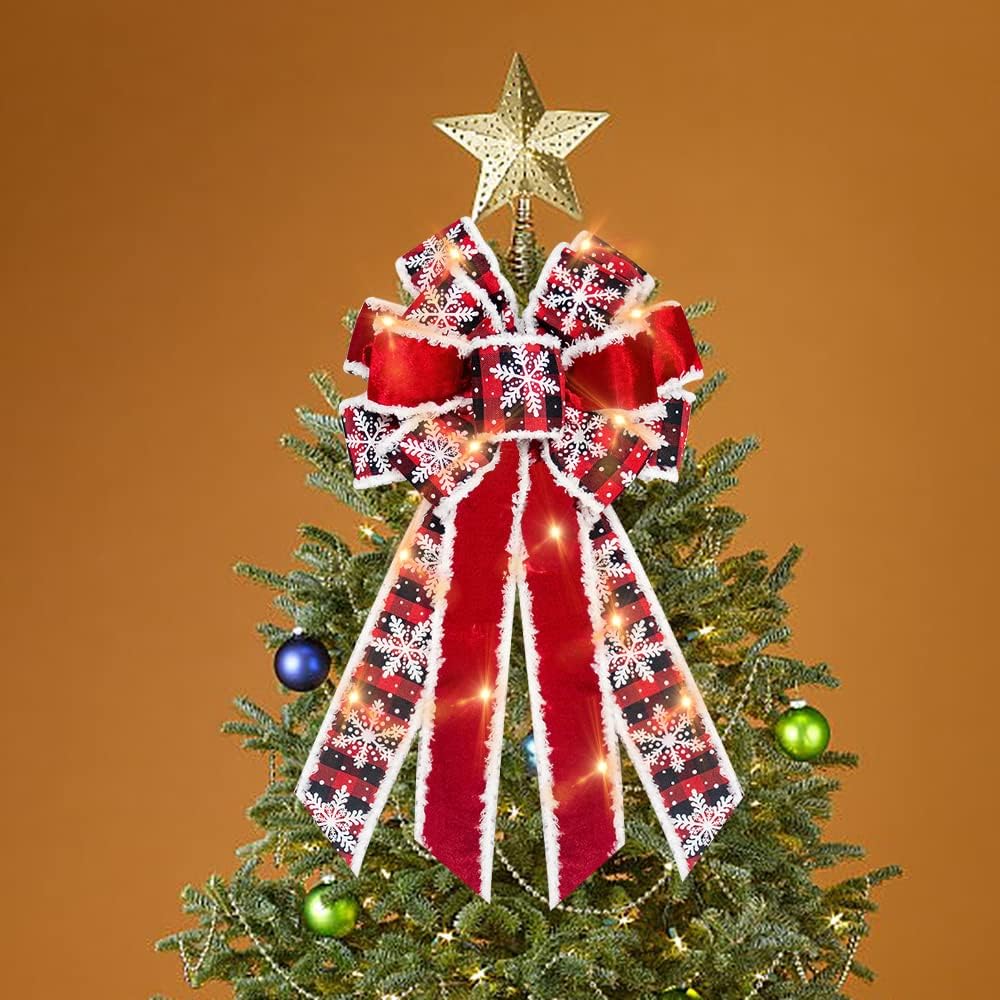 Bows & Ribbons - Hying Large Christmas LED Wreath Bows, Christmas Bows with LED Lights Red Black Buffalo Plaid Bow Xmas Red Velvet Bows LED Christmas Snowflake Tree Topper Bow Ornaments for Front Door Wall Decorations