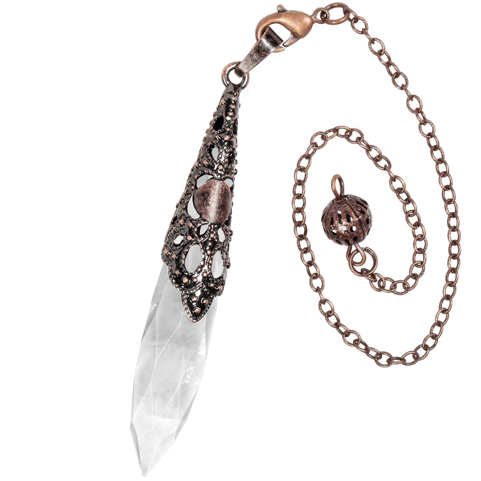 Nupuyai Rock Crystal Stone Point Pendulum for Scrying Dowsing Divination, Faceted Vintage Healing Stone Pendulum with Chain