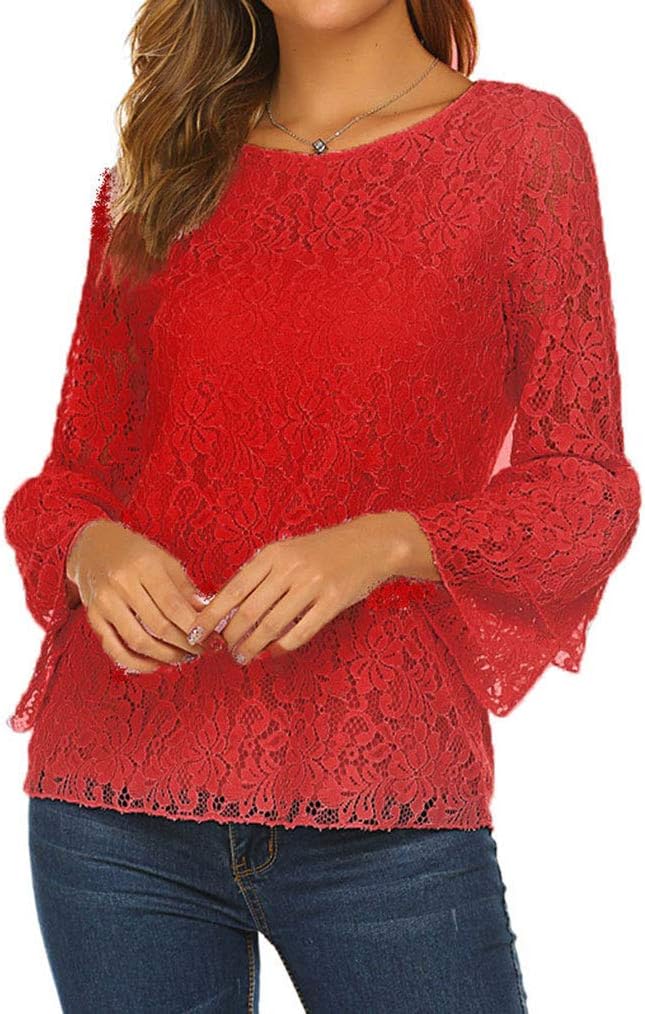 Tobrief Women's Short Sleeve/Long Sleeve Sexy Sheer Mesh Lace Blouse Peplum Top