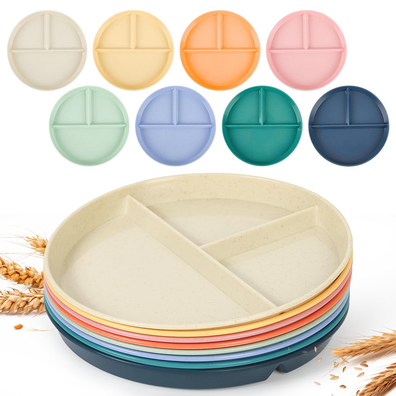 Photo 1 of ZLTASYRY Portion Control Plate 9 Inch, Divided Plates for Adults 8 Pack, Wheat Straw Compartment Plates, Lightweight Reusable Unbreakable Plates for Kids Adults, BPA Free Microwave Safe