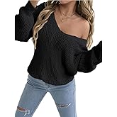 Chvity Off The Shoulder Knit V Neck Sweater for Women Fall Winter Trendy Vintage Minimalist Oversized Cozy Sweater Black