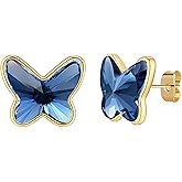 EVEVIC Austrian Crystal Butterfly Stud Earrings for Women S925 Sterling Silver Post with 14K Gold Plated Hypoallergenic Jewelry Gift