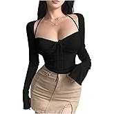 Floerns Sexy Halter Going Out Tops for Women Y2K Flare Long Sleeve Ruched Crop Tops T Shirts Blouse