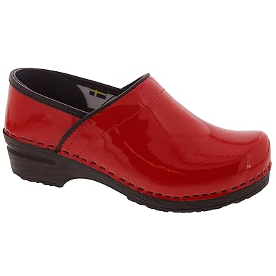 red patent leather clogs
