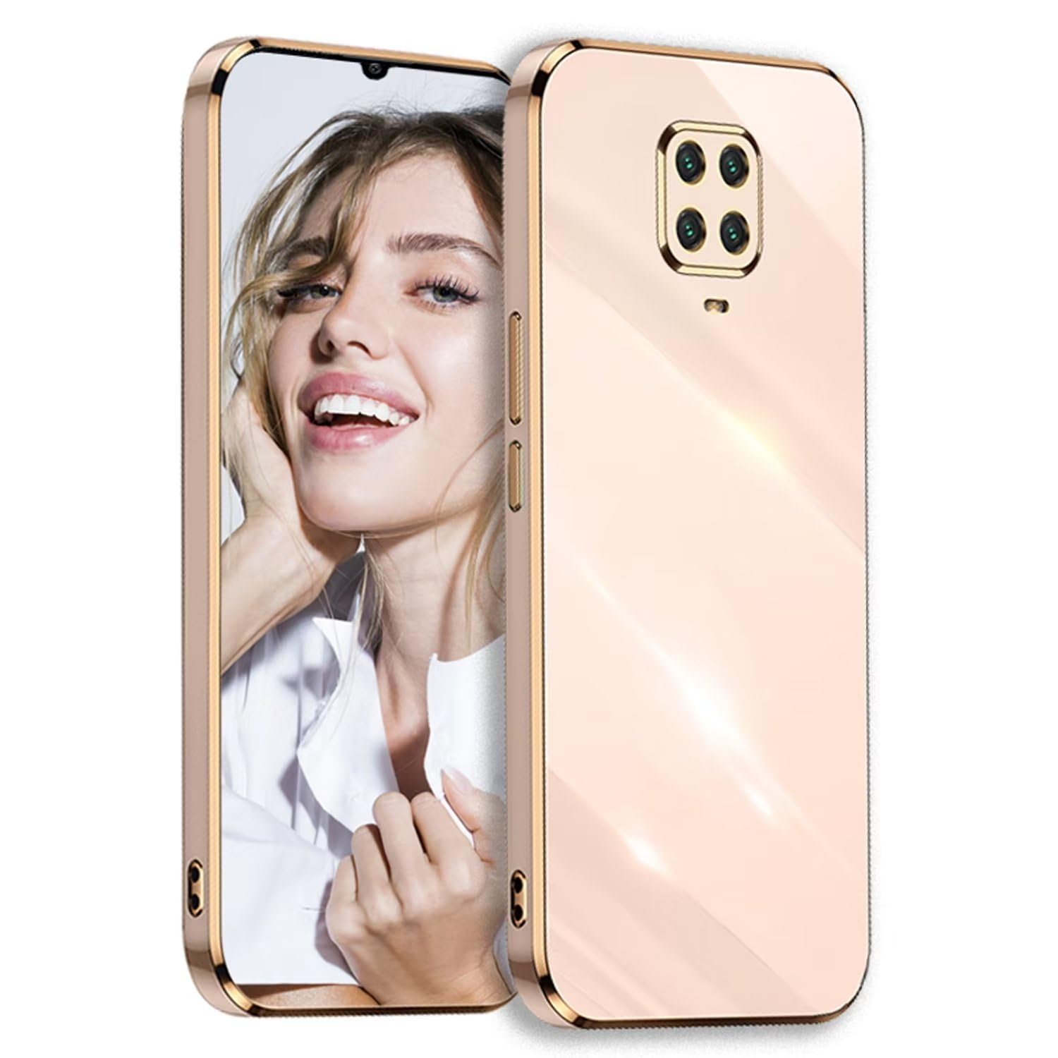 POUHYE Case for Xiaomi Redmi Note 9S / 9 Pro / 9 Pro Max, Flexible Silicone TPU Shockproof Protective Phone Case Full Camera Lens Protection for Girls Women, Golden Edging Bumper Cover Pink
