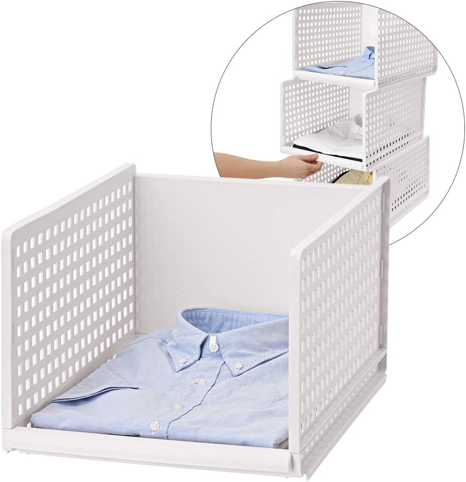 1 Tiers Wardrobe Storage Organiser Box, Plastic Stackable Detachable Storage Box Shelves Closet Organiser for Wardrobe, Bedroom (White, Large)