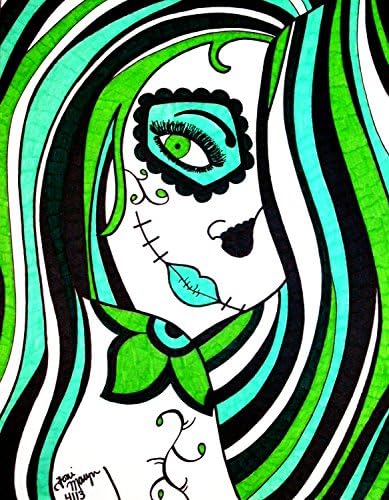 Sugar Skull Girl, 8x10 Inch Print Green, Original Day of the Dead Art Dia De Los Muertos, Mexican Inspired Artwork Colorful Art Wall Decor