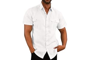 GENERIC Men's Cotton Linen Shirt Casual Button Down Shirts Lightweight Short Sleeve Shirts Summer Dress Shirts Blouse