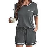 Braroz Supersoft Rayon Pajamas for Women Set Lace Trim Short Sleeve T-Shirt & Sleep Shorts 2 Piece Lounge Sets with Pockets