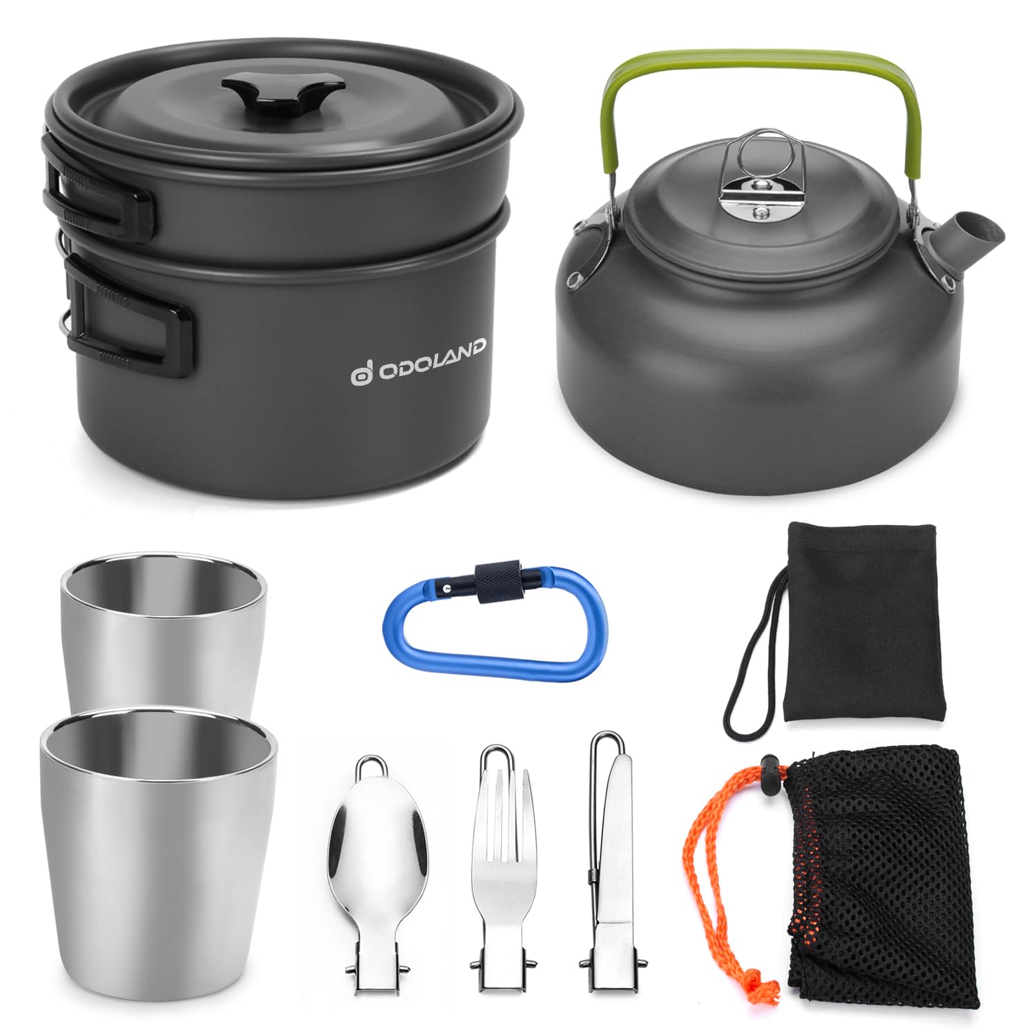 Odoland Camping Cookware Mess Kit for 2 People, Lightweight Outdoor Pot Pan Kettle with 2 Cups, Fork Spoon Cookware Kit Backpacking Picnic Gear for Trekking and Hiking