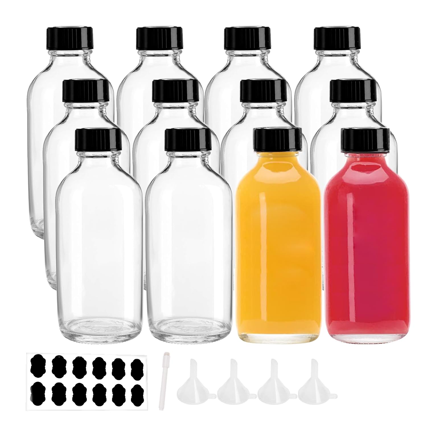 YBCPACK 12 Pack 4oz Glass Bottles with Lids, 120ml Small Ginger Shot Bottles with Funnel, Chalk Labels, Pen, Clear Shot Jars for Juice, Essential Oil, Vanilla Extract