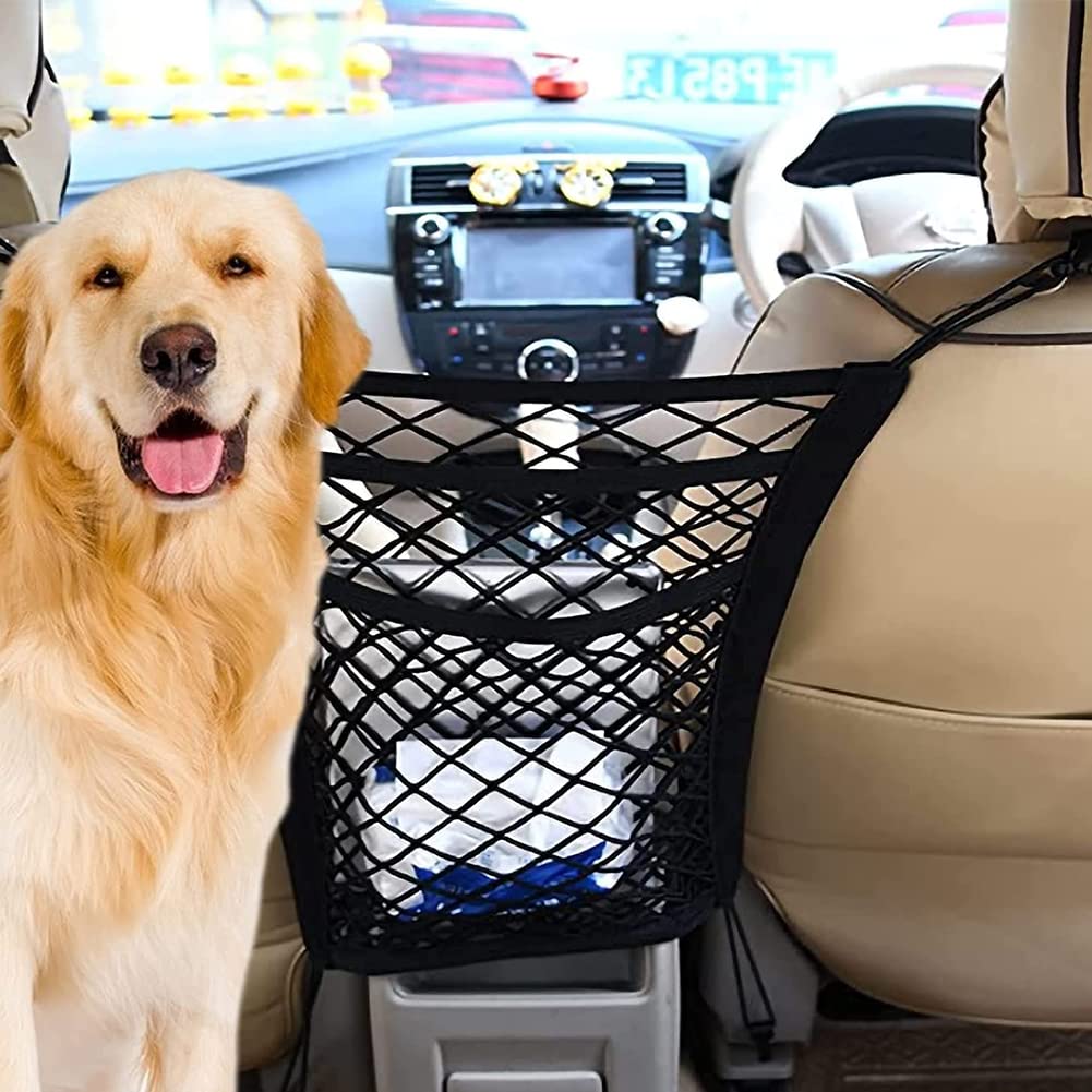 NganSuRong 3-Layer Car Mesh Organizer, Universal Automotive Seat Back Tidy Organizer Net Bag, Barrier of Backseat Pet Kids, Cargo Tissue Purse Nylon Holder Hooks Black, Driver Storage Netting Pouch