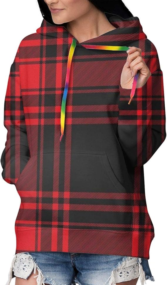 Amazon Co Jp パーカー 黒と赤のチェック柄 スウェットシャツ レディース 長袖 フード付き シンプル おしゃれ カジュアル プルオーバー おおきいサイズ 厚手 裏起毛 冬服 レディース スウェット コットン フーディ 服 ファッション小物