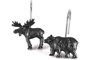 Bear & Deer Shower Curtain Hooks - Black Rustic Cabin & Christmas Reindeer Decorative Hooks Rustproof Stainless Steel Rings -